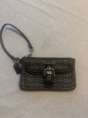 Coach Large Gray/Black Signature Canvas Wristlet with Buckle Detail